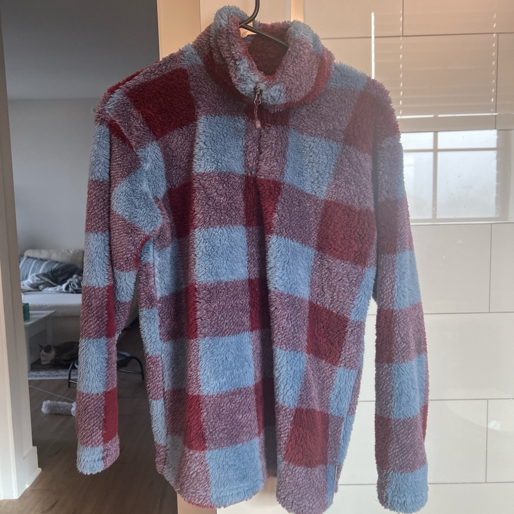 Plaid Fleece Women’s Sweater - Red and Blue